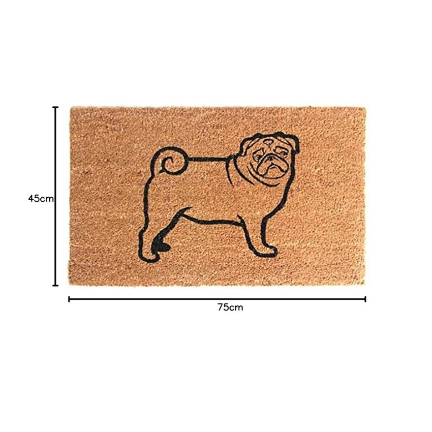 Onlymat Natural Coir, Anti-Skid PVC Back Printed Thick Weatherproof Large Entryway Rug Doormat with Black Color Pug Imprint (75cm x 1.5cm x 45cm)