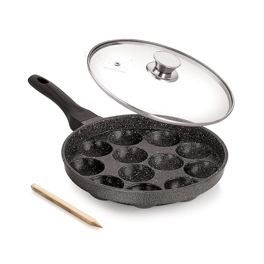 ivbox MAX-PRO Appam Pan Heavy-Weight Non-Stick appe Paniyarakkal Maker with Glass Lid, Cast Aluminium, Silver Grey