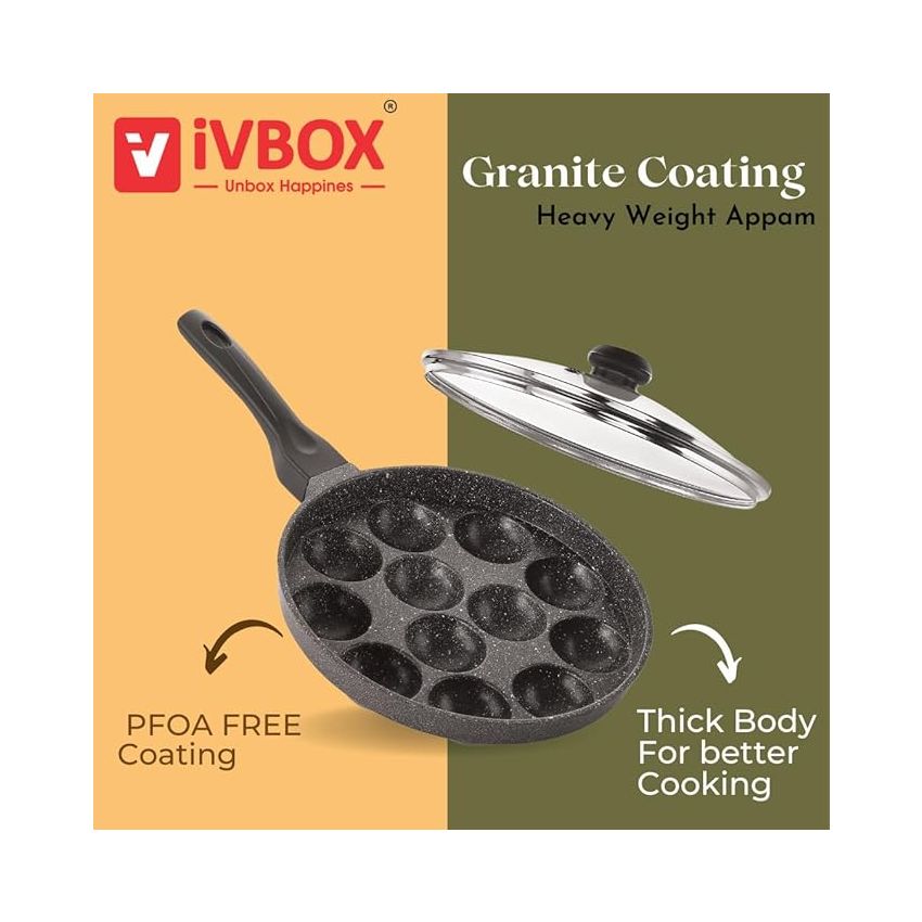 ivbox MAX-PRO Appam Pan Heavy-Weight Non-Stick appe Paniyarakkal Maker with Glass Lid, Cast Aluminium, Silver Grey