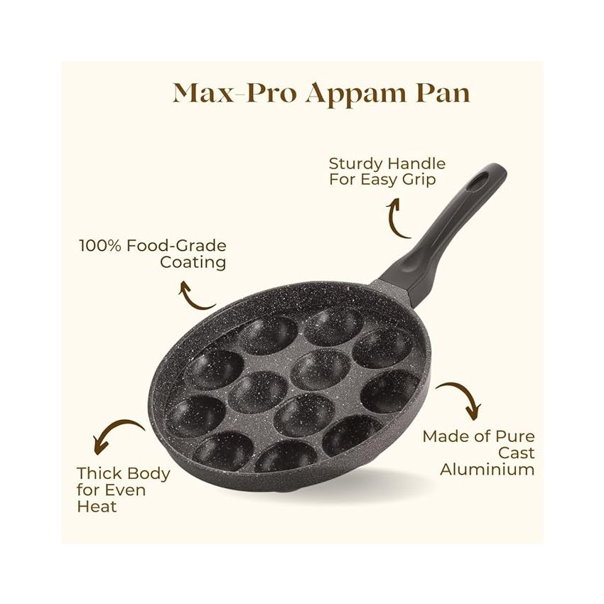 ivbox MAX-PRO Appam Pan Heavy-Weight Non-Stick appe Paniyarakkal Maker with Glass Lid, Cast Aluminium, Silver Grey