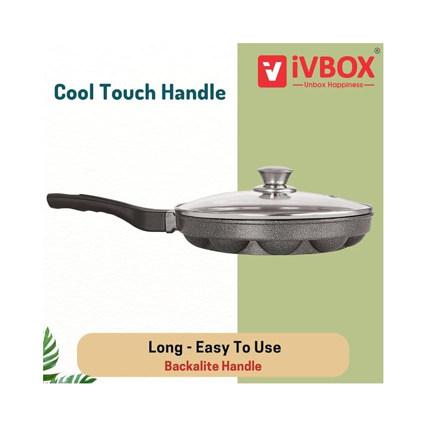 ivbox MAX-PRO Appam Pan Heavy-Weight Non-Stick appe Paniyarakkal Maker with Glass Lid, Cast Aluminium, Silver Grey