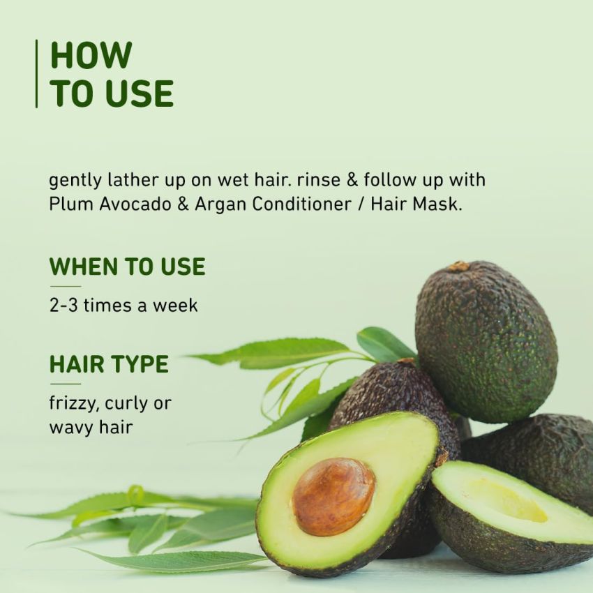Plum Avocado & Argan Frizz Control Shampoo | for Curly, Wavy & Frizzy Hair | Sulphate & Parabens Free | with Aloe Vera Extract | Reduces Frizz, Retains Moisture & Conditions Strands | 250ml