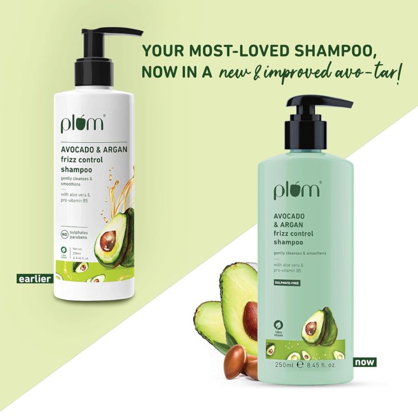 Plum Avocado & Argan Frizz Control Shampoo | for Curly, Wavy & Frizzy Hair | Sulphate & Parabens Free | with Aloe Vera Extract | Reduces Frizz, Retains Moisture & Conditions Strands | 250ml