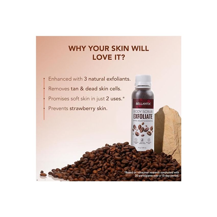 BELLAVITA Exfoliate Coffee Scrub for Face & Body, Blackhead Remover, De Tan Removal Ayurveda, Dirt Removal from Neck, Knees, Elbows, Arms 75 g (Pack of 1)