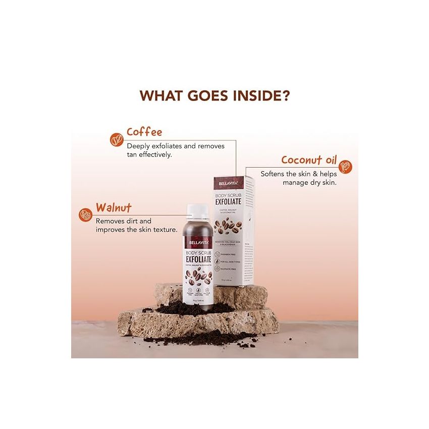 BELLAVITA Exfoliate Coffee Scrub for Face & Body, Blackhead Remover, De Tan Removal Ayurveda, Dirt Removal from Neck, Knees, Elbows, Arms 75 g (Pack of 1)