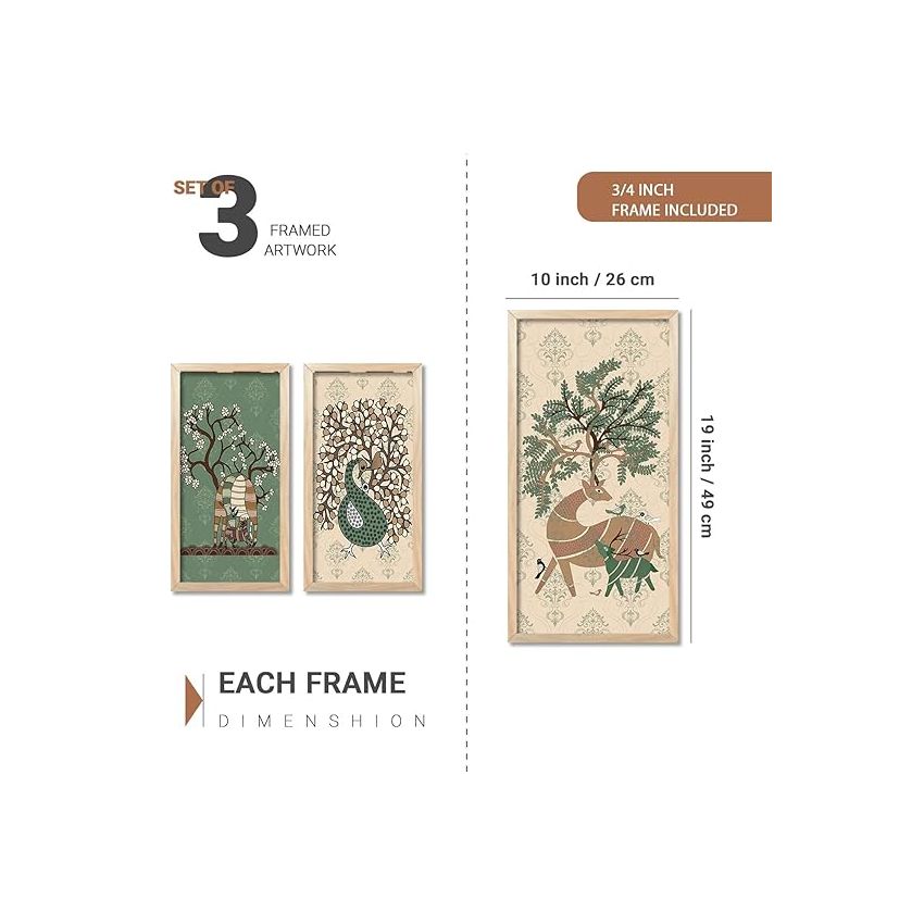 kotart Indian Art Wall Painting Madhubani Home Decoration Frame With For Living Room Bed Room Hotel Wall Decor Digital Reprint Engineered Wood Set of 3 (Art 1, (10X19 inch), Framed)