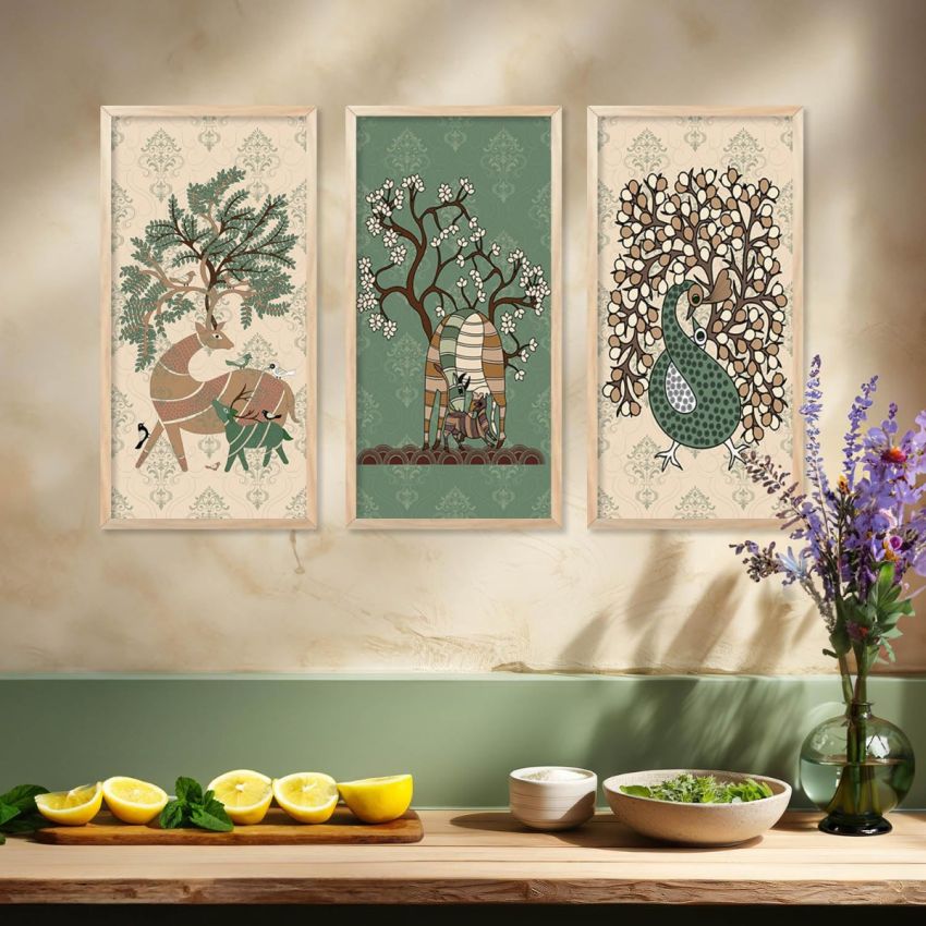 kotart Indian Art Wall Painting Madhubani Home Decoration Frame With For Living Room Bed Room Hotel Wall Decor Digital Reprint Engineered Wood Set of 3 (Art 1, (10X19 inch), Framed)