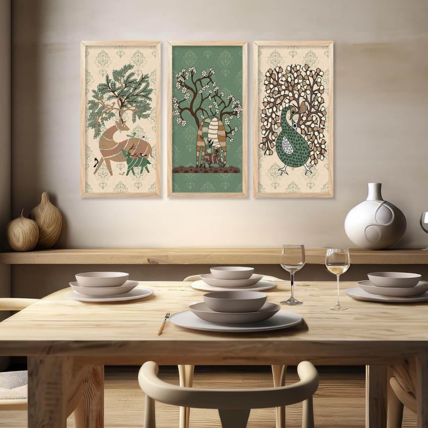 kotart Indian Art Wall Painting Madhubani Home Decoration Frame With For Living Room Bed Room Hotel Wall Decor Digital Reprint Engineered Wood Set of 3 (Art 1, (10X19 inch), Framed)