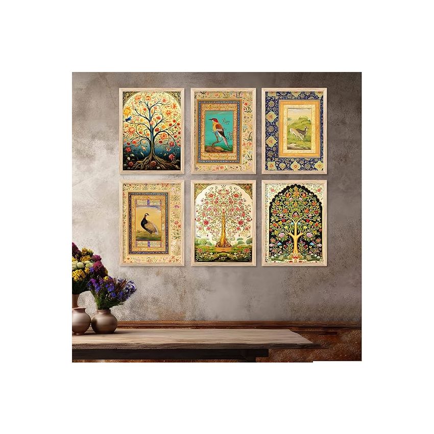 kotart wood Traditional Indian Madhubani/Pichwai Art Framed Posters for Home Living Room Bedroom Wall Decor Set of 6 (10x13 inch, Art 5)