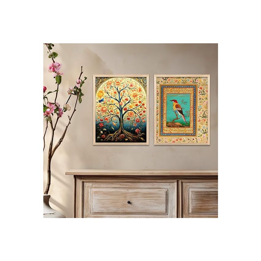 kotart wood Traditional Indian Madhubani/Pichwai Art Framed Posters for Home Living Room Bedroom Wall Decor Set of 6 (10x13 inch, Art 5)