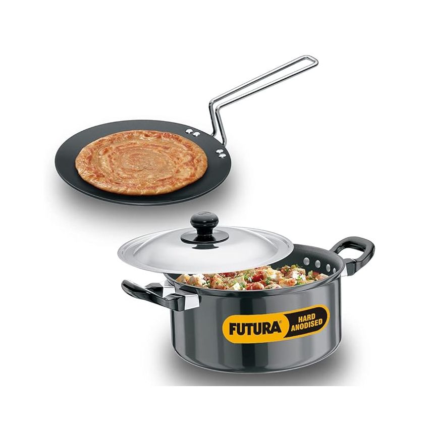 Hawkins Futura 2 Pieces Cookware Set 5 - Hard Anodised Tava and Stewpot with One Stainless Steel Lid, Black (ASET5)