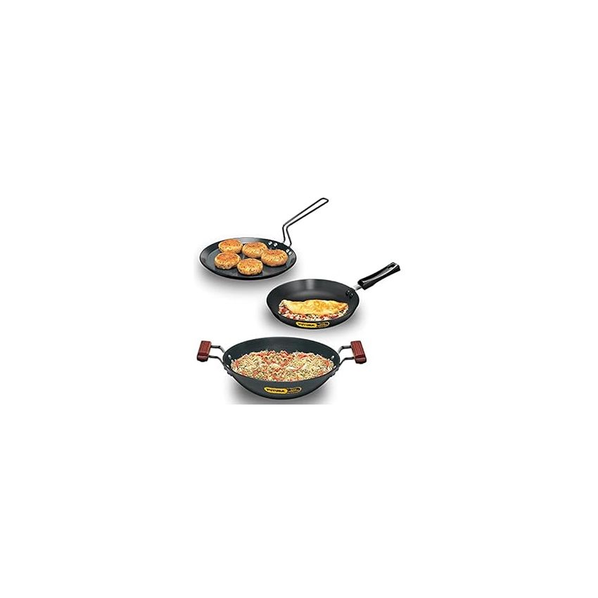 Hawkins Aluminium Futura 3 Pieces Cookware Set 2 - Hard Anodised Flat Tava, Frying Pan And Kadhai, Black (Aset2)
