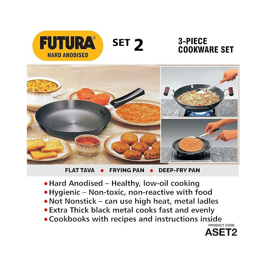 Hawkins Aluminium Futura 3 Pieces Cookware Set 2 - Hard Anodised Flat Tava, Frying Pan And Kadhai, Black (Aset2)