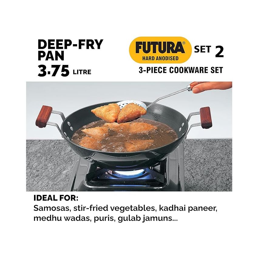 Hawkins Aluminium Futura 3 Pieces Cookware Set 2 - Hard Anodised Flat Tava, Frying Pan And Kadhai, Black (Aset2)