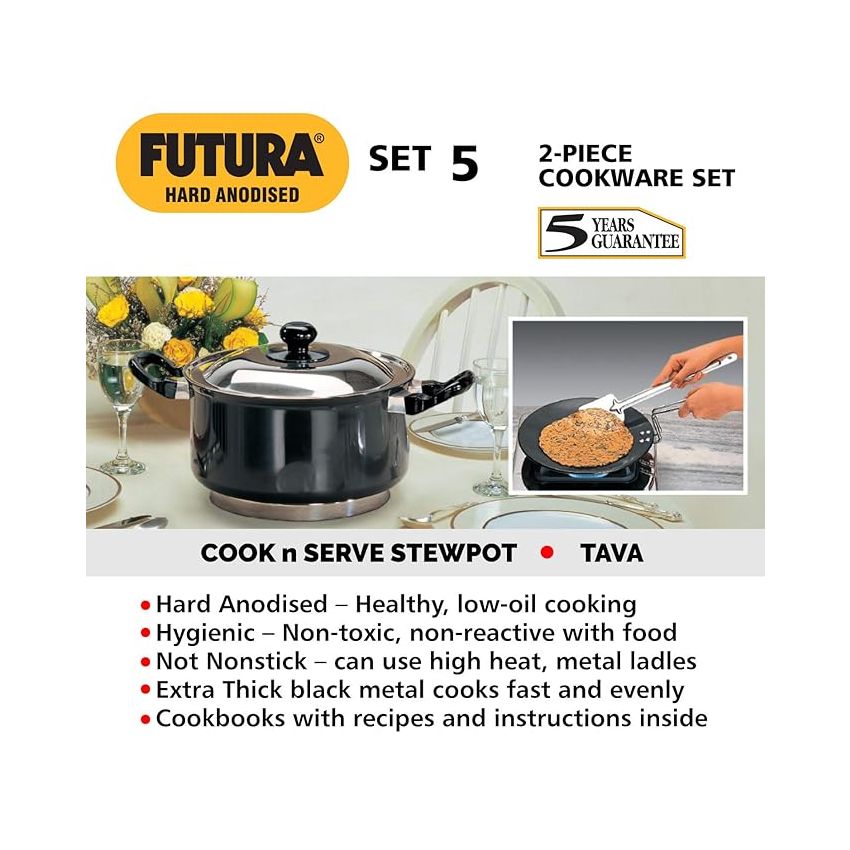 Hawkins Futura 2 Pieces Cookware Set 5 - Hard Anodised Tava and Stewpot with One Stainless Steel Lid, Black (ASET5)