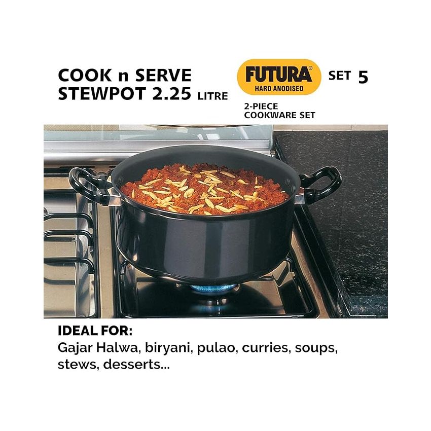 Hawkins Futura 2 Pieces Cookware Set 5 - Hard Anodised Tava and Stewpot with One Stainless Steel Lid, Black (ASET5)