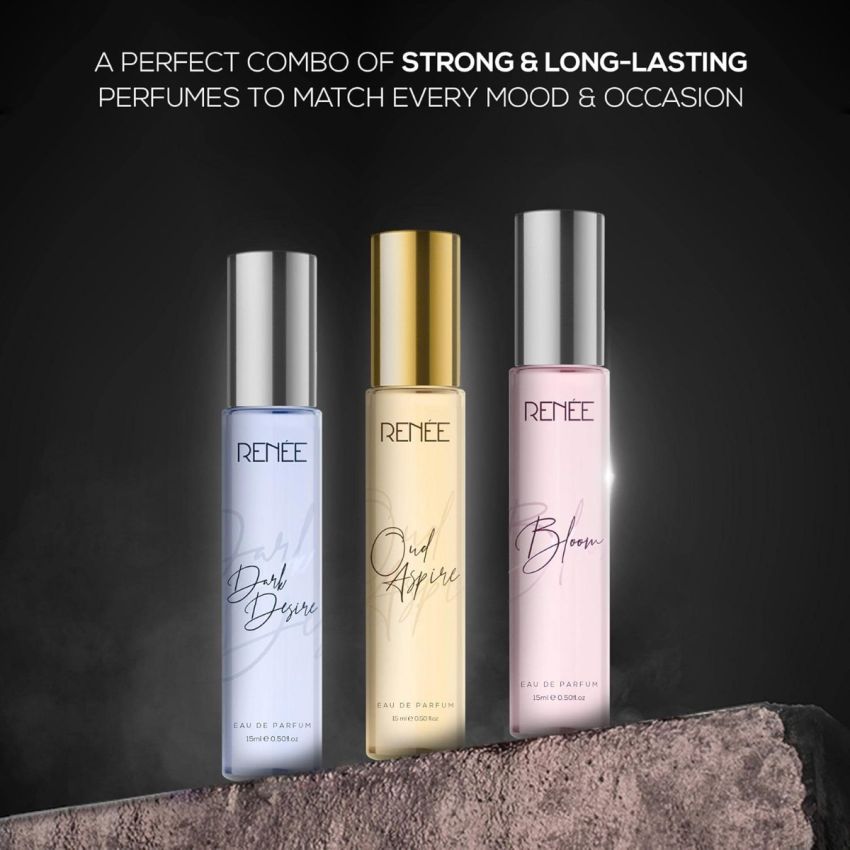 RENEE Eau De Parfum Bloom, Dark Desire & Oud Aspire| Premium Long Lasting Luxury Perfume Scent for All Occasions, Travel-friendly Mini Perfume Combo Pack of 3, 15ml Each
