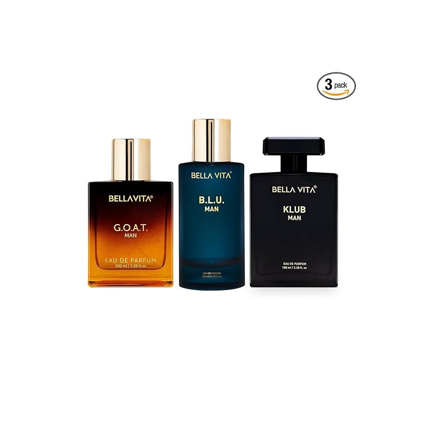 Bella Vita Luxury Best Of Men Perfumes Combo, Pack Of 3 Premium Long Lasting Edp Fragrance Scents - G.O.A.T, B.L.U, Klub, 100 Ml Each, Wood, Liquid