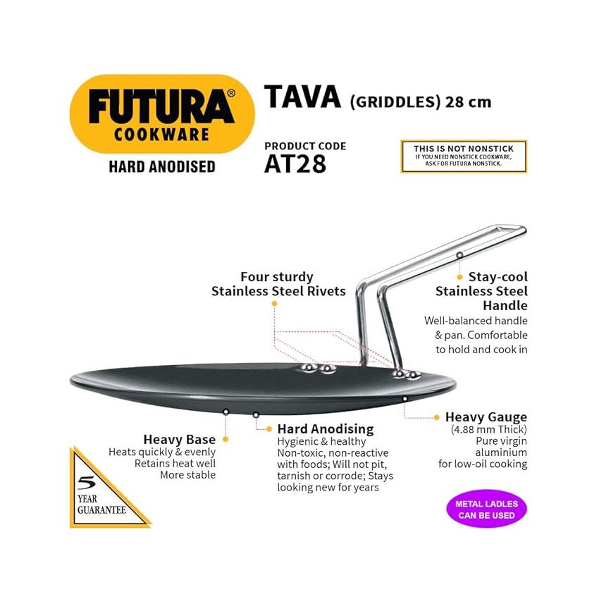 Hawkins Futura 28 cm Tava, Hard Anodised Tawa with Stainless Steel Handle, Black (AT28)