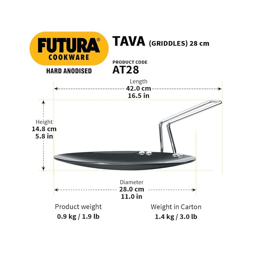 Hawkins Futura 28 cm Tava, Hard Anodised Tawa with Stainless Steel Handle, Black (AT28)
