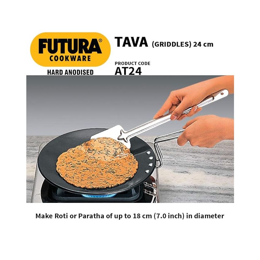 Hawkins Futura 24 cm Tava, Hard Anodised Tawa with Stainless Steel Handle, Black (AT24)