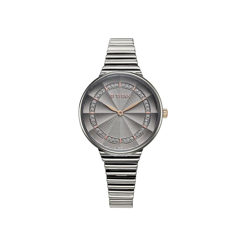 Titan Aura Quartz Analog Grey Dial Stainless Steel Strap Watch for Women-95245KM02