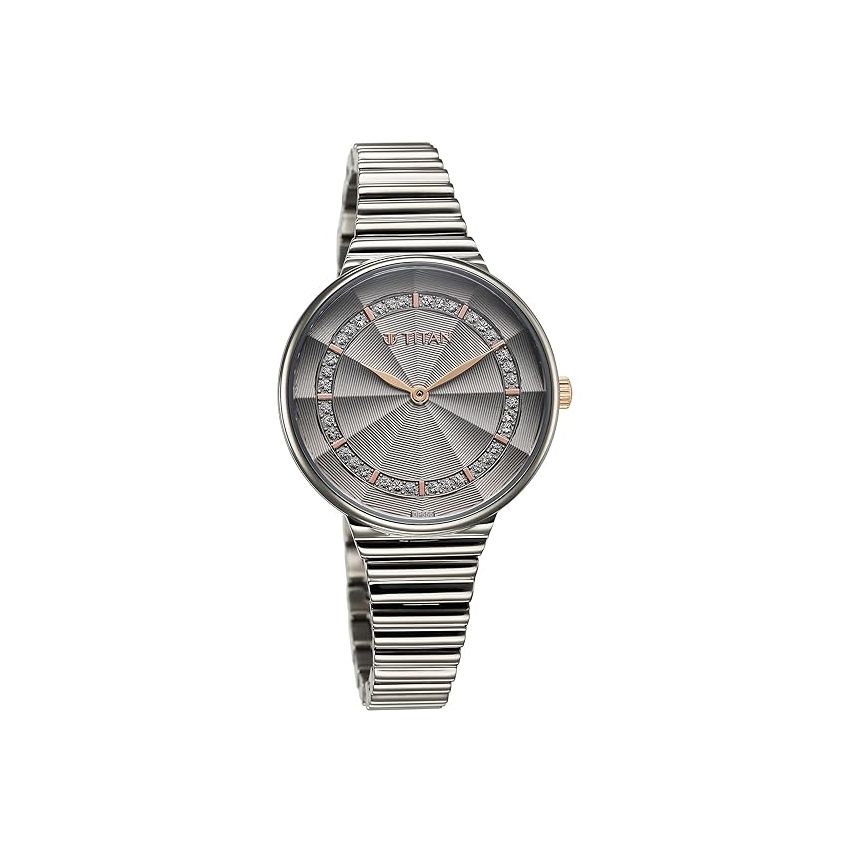 Titan Aura Quartz Analog Grey Dial Stainless Steel Strap Watch for Women-95245KM02
