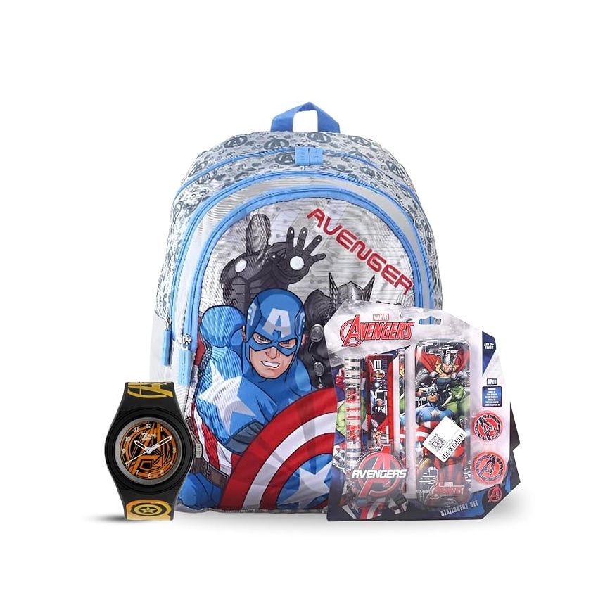 Zoop Avengers Gift Set - Analog Watch + School Bag + Stationary Kit for Kids