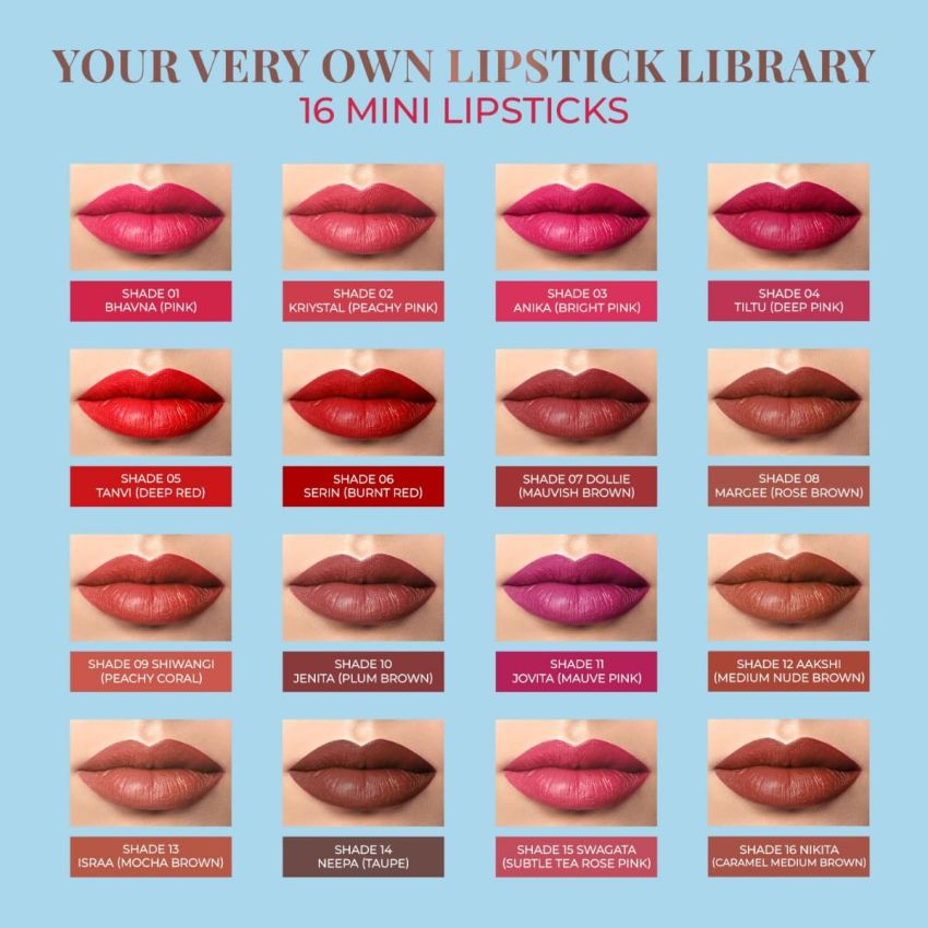 Just Herbs Ayurvedic Creamy Matte Micro Mini Lipstick Kit Lip Hydrating & Moisturizing, Lipsticks for Women Suitable All Indian Tones (Pack of 16)