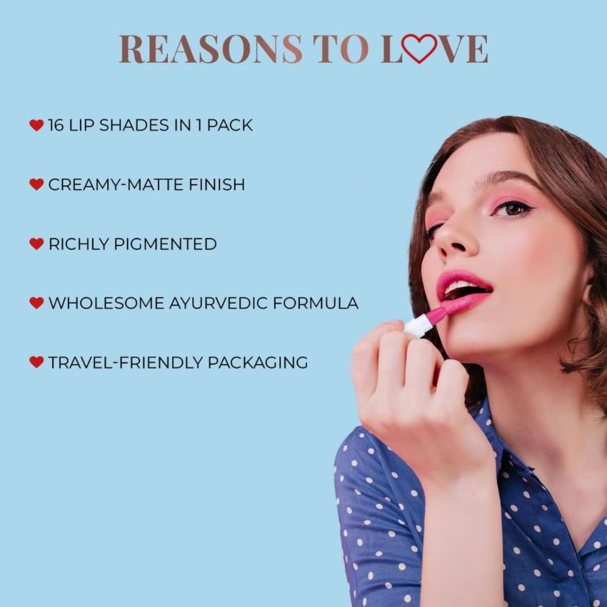 Just Herbs Ayurvedic Creamy Matte Micro Mini Lipstick Kit Lip Hydrating & Moisturizing, Lipsticks for Women Suitable All Indian Tones (Pack of 16)