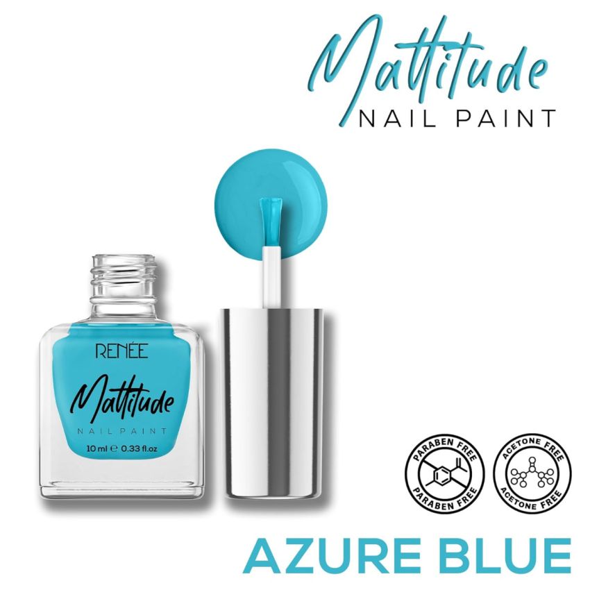 RENEE Mattitude Nail Paint- Azure Blu 10ml | Quick Drying, Matte Finish, Long Lasting, Chip resisting Formula with High coverage | Acetone & Paraben Free