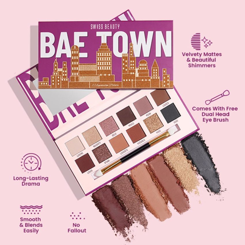 Swiss Beauty Bae Town Eyeshadow Palette with 12 highly pigmented shades | Mix of Mattes, Metallics and Shimmers | Comes with Eye Brush| Shade - Lover Girl, 14gm