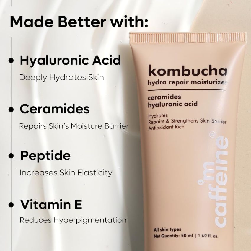 mCaffeine Kombucha Hydra Repair Face Moisturizer with Hyaluronic Acid for Intense Hydration | Barrier Repair Moisturizer with Ceramide & Peptide | 12 Hr Hydration for Soft Skin | For Women & Men - 50ml
