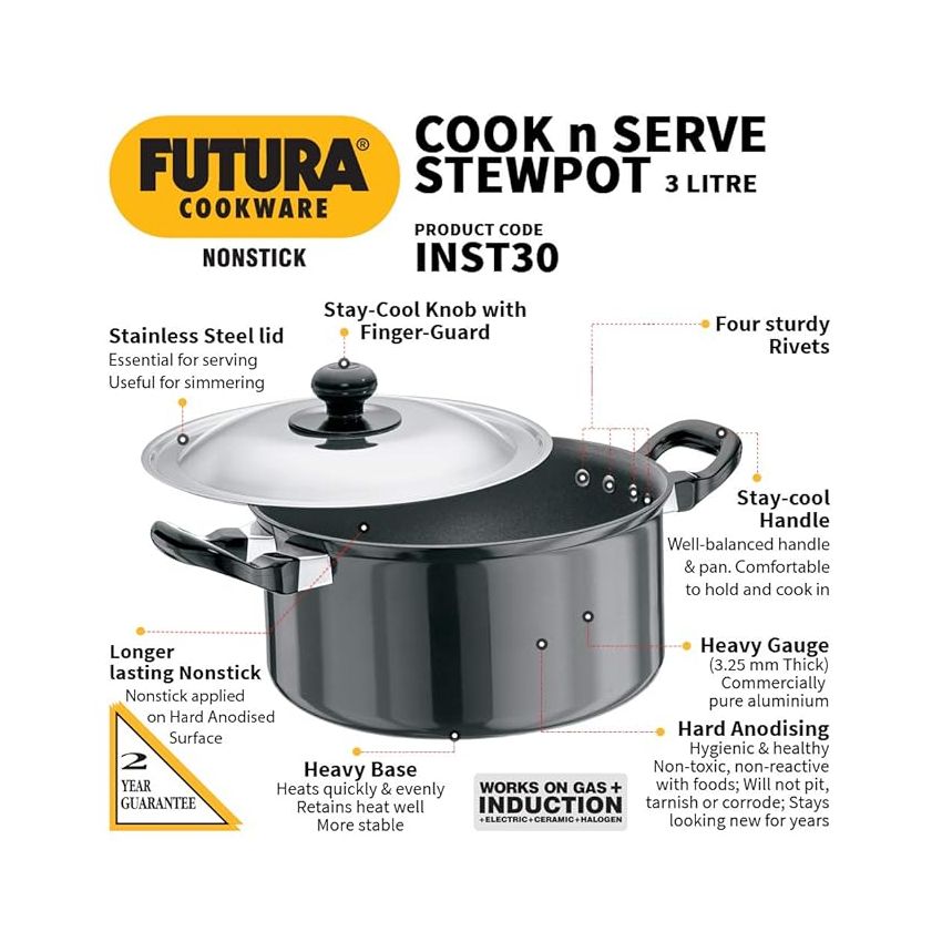 Futura Nonstick Stewpot 3L with SS lid and Induction Compatible Base