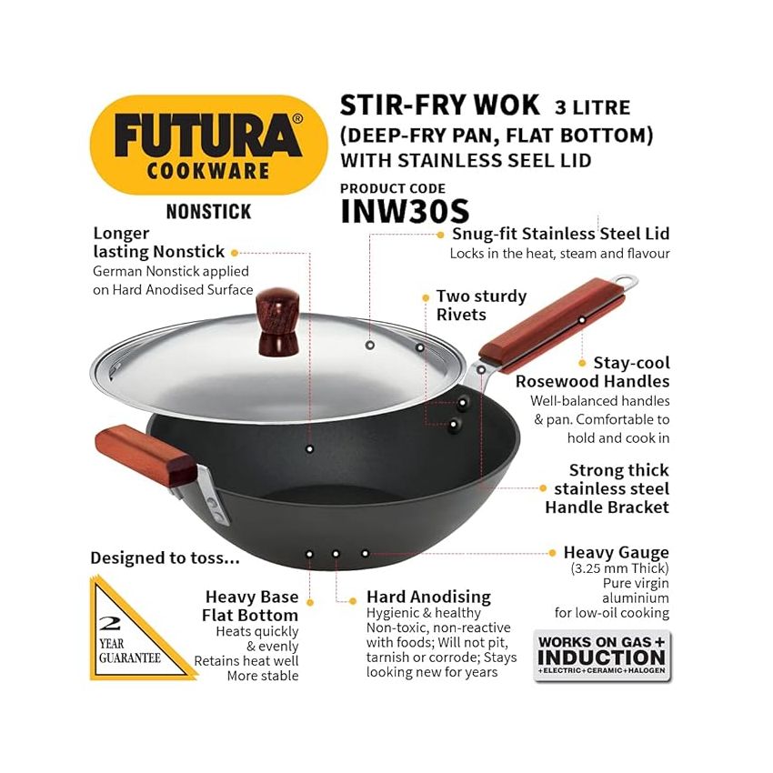 Hawkins Futura Stir-Fry Wok 3 Litre with SS Lid and Induction Compatible Base