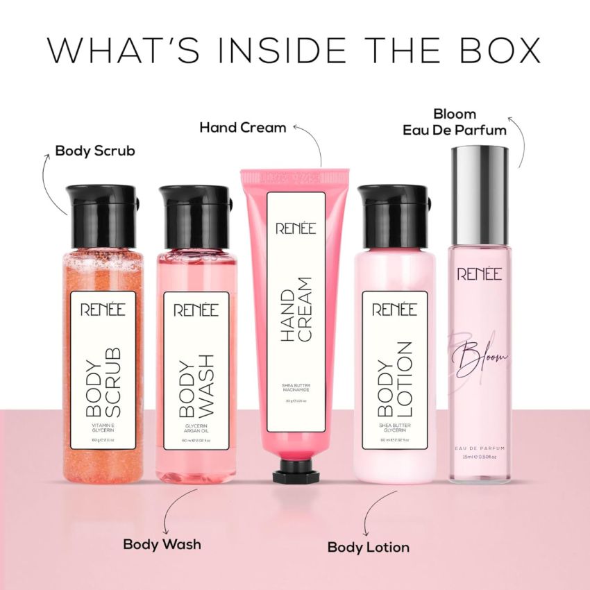 RENEE Bath & Body Care Set - Luxurious Body Wash, Exfoliating Scrub, Hydrating Lotion, Hand Cream & Signature Perfume - Premium Gifting Combo of 5 (BLOOM)