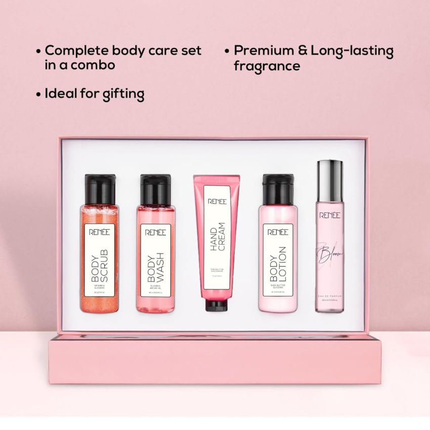 RENEE Bath & Body Care Set - Luxurious Body Wash, Exfoliating Scrub, Hydrating Lotion, Hand Cream & Signature Perfume - Premium Gifting Combo of 5 (BLOOM)
