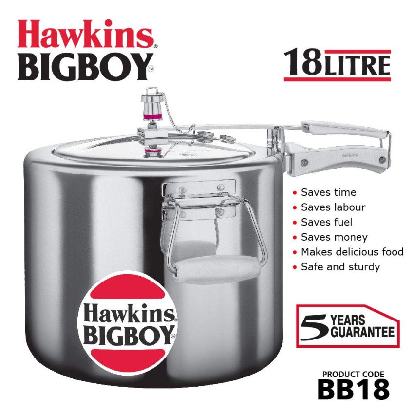 Roll over image to zoom in   VIDEO     4+ Hawkins 18 Litre Bigboy Pressure Cooker, Big Inner Lid Cooker, Silver (BB18), Aluminium