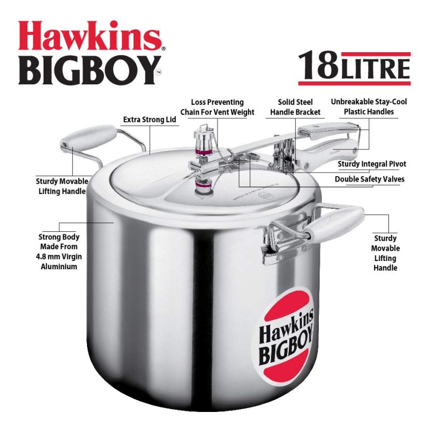 Roll over image to zoom in   VIDEO     4+ Hawkins 18 Litre Bigboy Pressure Cooker, Big Inner Lid Cooker, Silver (BB18), Aluminium
