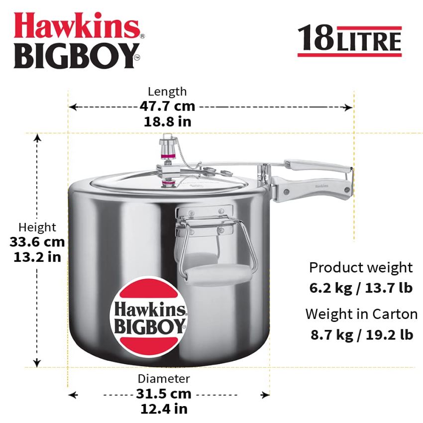 Roll over image to zoom in   VIDEO     4+ Hawkins 18 Litre Bigboy Pressure Cooker, Big Inner Lid Cooker, Silver (BB18), Aluminium