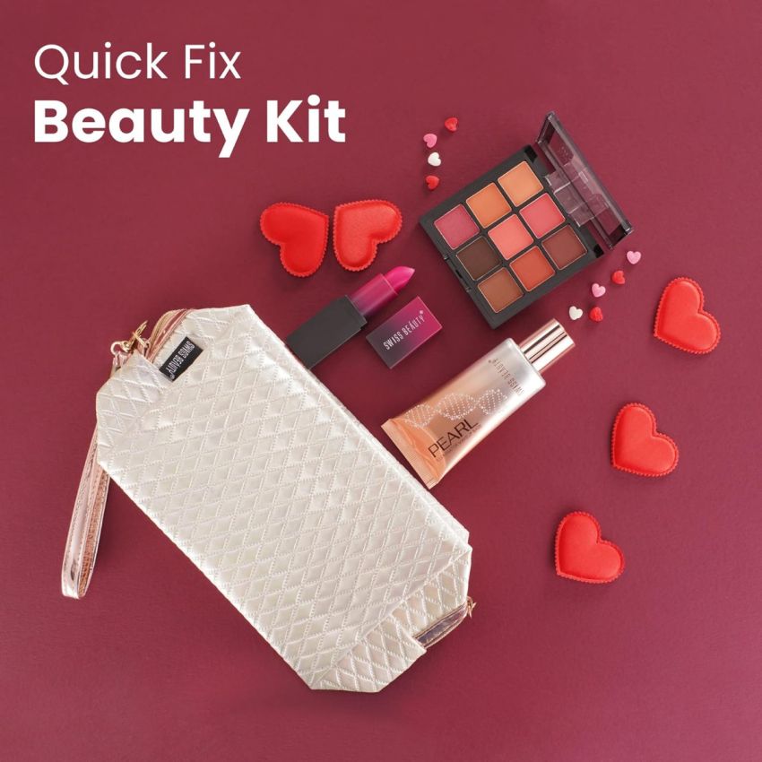 SWISS BEAUTY Quick Fix Beauty Kit With HD Matte Lipstick,Ultimate Eyeshadow Palette,Pearl Illuminator Makeup Base And Pouch|Matte Lips|Matte & Shimmer Finish|Long-Lasting|Highly Pigted,Pack Of 1