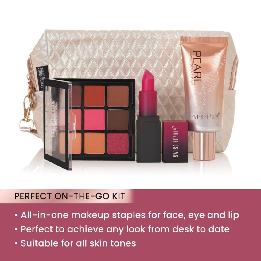 SWISS BEAUTY Quick Fix Beauty Kit With HD Matte Lipstick,Ultimate Eyeshadow Palette,Pearl Illuminator Makeup Base And Pouch|Matte Lips|Matte & Shimmer Finish|Long-Lasting|Highly Pigted,Pack Of 1