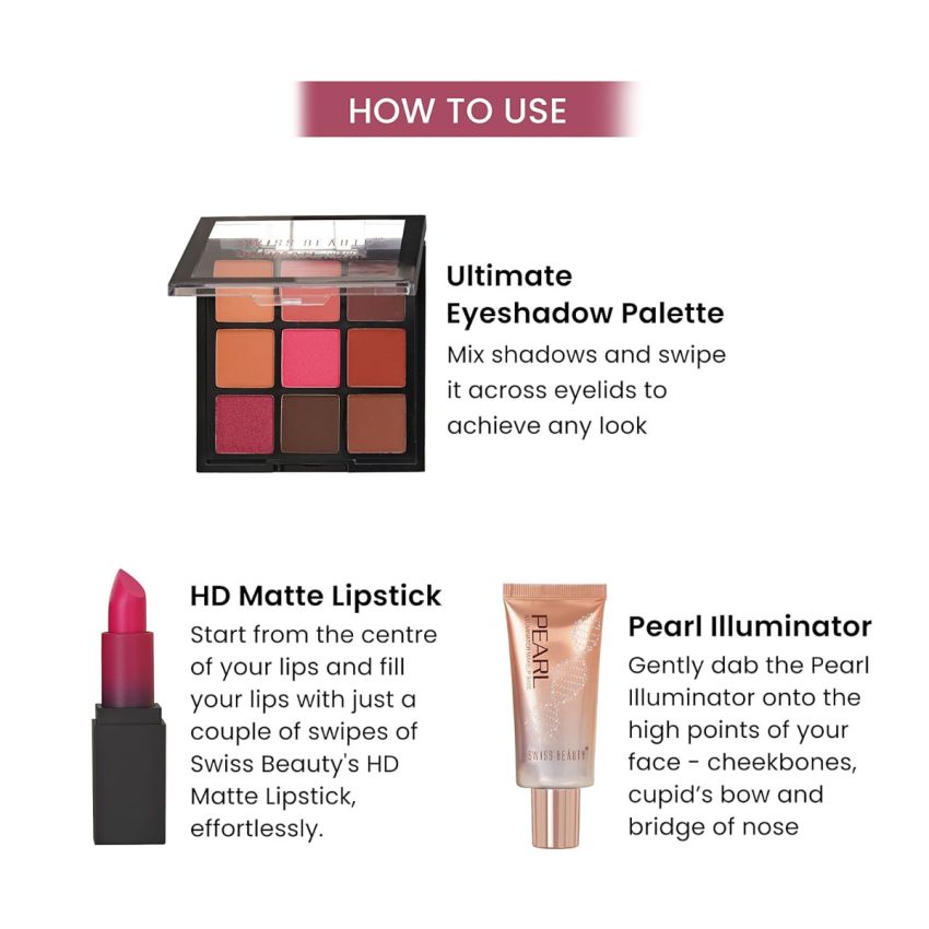 SWISS BEAUTY Quick Fix Beauty Kit With HD Matte Lipstick,Ultimate Eyeshadow Palette,Pearl Illuminator Makeup Base And Pouch|Matte Lips|Matte & Shimmer Finish|Long-Lasting|Highly Pigted,Pack Of 1