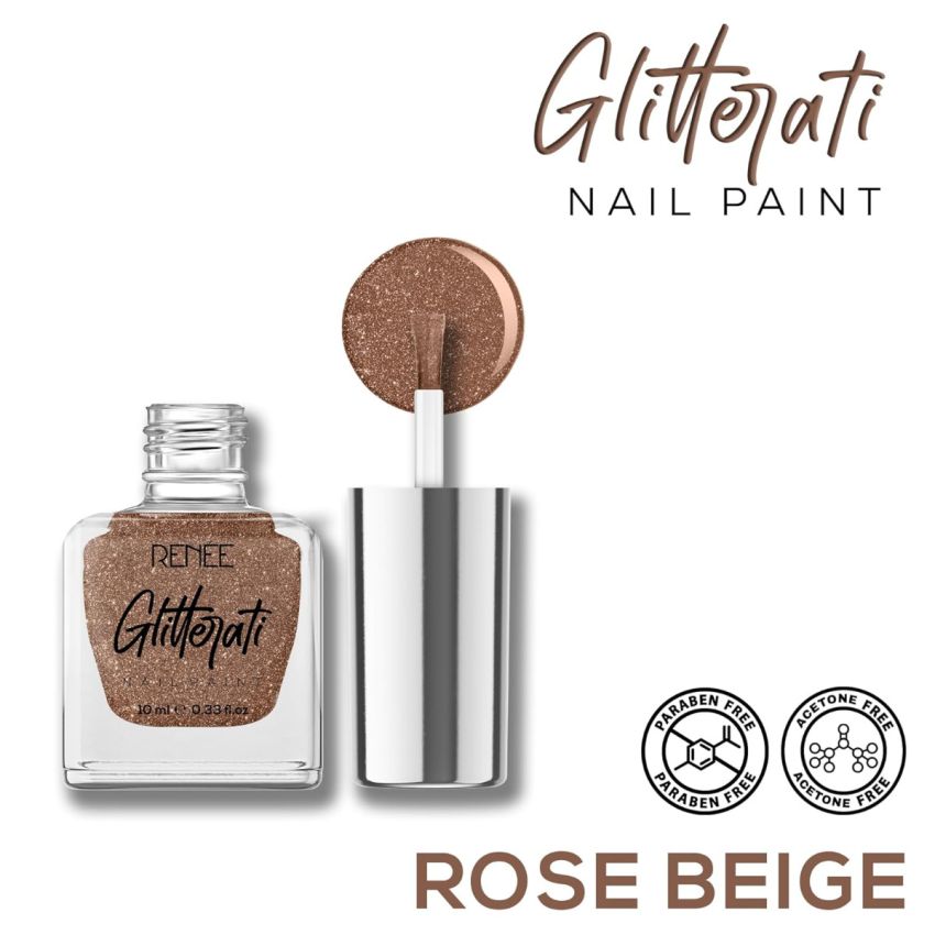 RENEE Glitterati Nail Paint - Rose Beige 10ml | Quick Drying, Glittery Finish, Long Lasting, Chip resisting Formula with High Glitter & Full Coverage | Acetone & Paraben Free