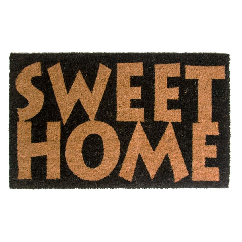 Onlymat Natural Coir, Sweet Home Printed Doormat (Beige & Black) Anti Slip with Backing PVC and Long-Lasting, Heavy Duty, Large & Thick Entryway Rug for Indoor & Covered Door Entrances (75cm x 45cm)