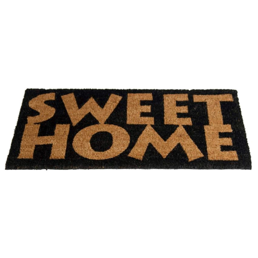 Onlymat Natural Coir, Sweet Home Printed Doormat (Beige & Black) Anti Slip with Backing PVC and Long-Lasting, Heavy Duty, Large & Thick Entryway Rug for Indoor & Covered Door Entrances (75cm x 45cm)