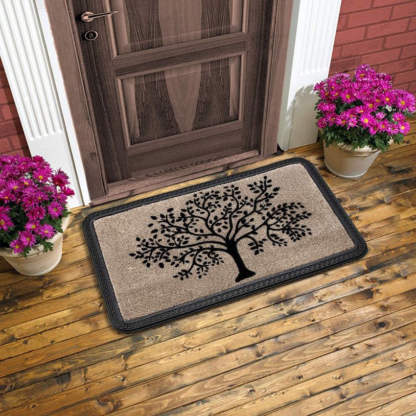 Onlymat Polypropylene Doormat with Anti-Skid Rubber Back for Indoor, Outdoor, Patio, Home and Office, Weatherproof, Large, and Thick Entryway Rug with Black and Beige Tree Design (75 x 45 x 1.5cm)