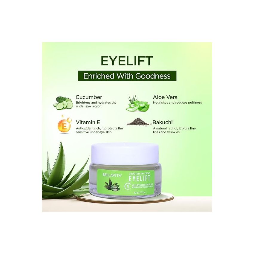 Bella Vita Organic EyeLift Hydrating Natural Under Eye Cream Gel for Dark Circles, Puffy Eyes, Wrinkles & Removal of Fine Lines for Women & Men, 20 gm