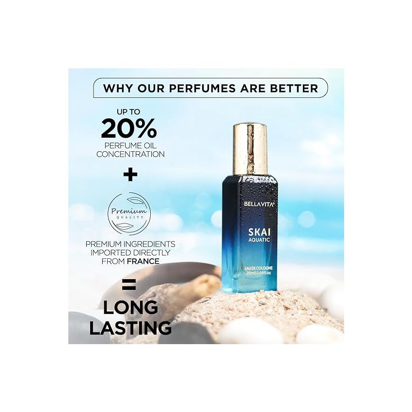 Bella Vita Luxury Skai Aquatic Liquid Eau De Cologne With Bergamot, Lavender & Patchouli Premium, Long Lasting Woody Fragrance For Unisex, 20ml