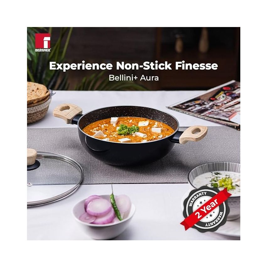Bergner Bellini Plus Aura 5-Layer Non-Stick 26 cm Kadai with Glass Lid, 4.5 litres Kadhai with Soft Touch Wooden Finish Handle, 3.2mm Thickness,Gas Stove Ready, 1-Year Warranty by Bergner